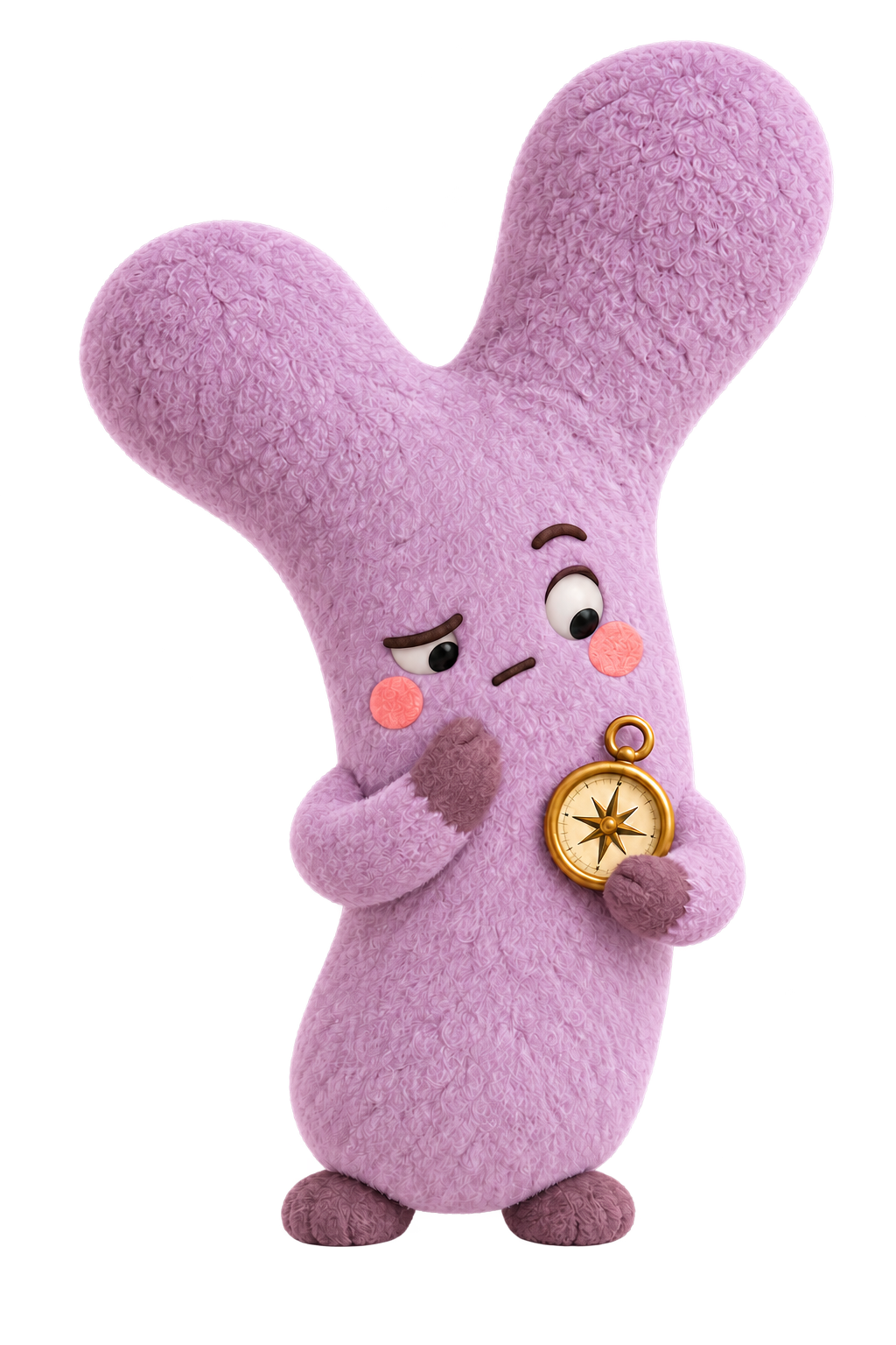 A lilac, branching plush companion holding a golden compass.