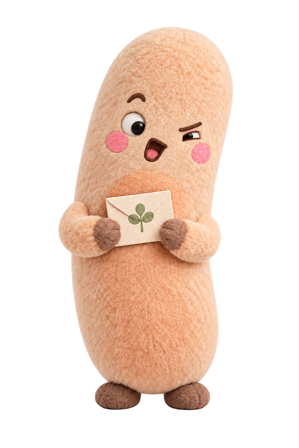A peach-colored plush companion holding an envelope with a clover.