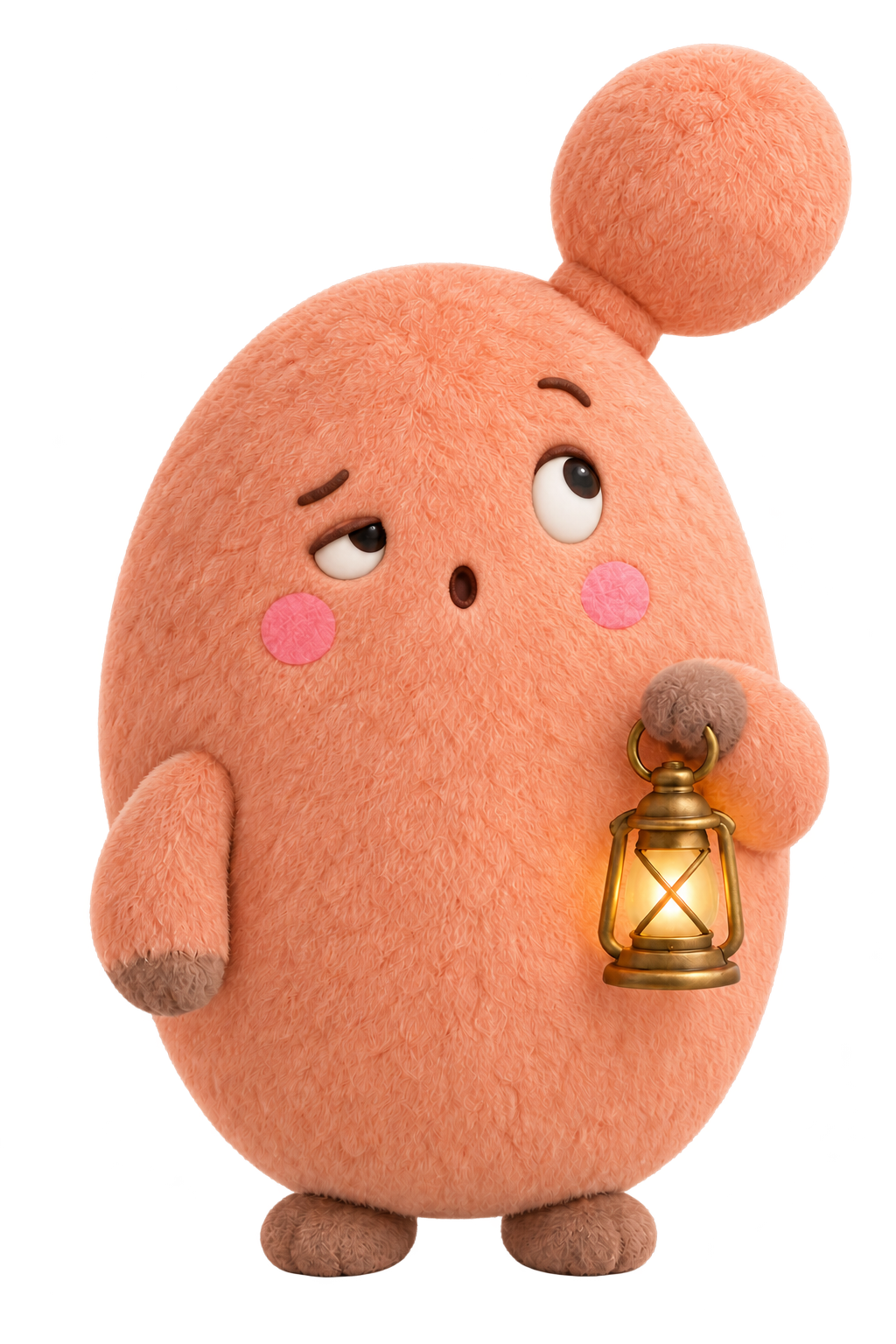 An orange plush companion with a small bud, carrying a glowing lantern.